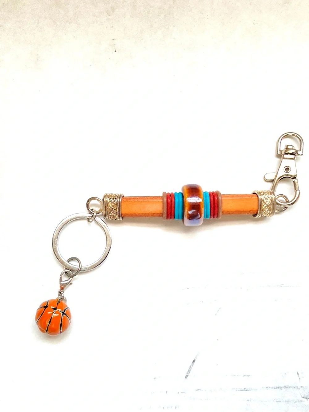 Leather Bead Keychain with Orange Basketball Charm